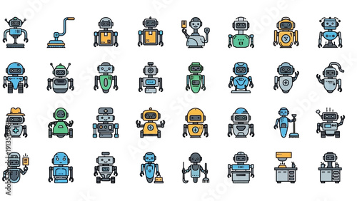 Collection of diverse cartoon robots in various poses and designs.