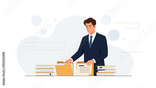 Businessman Organizing Files in Office, Paperwork Management, Business Workflow