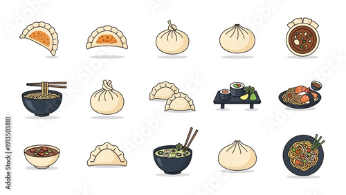 Collection of traditional East Asian culinary staples, showcasing delicious steamed dumplings, comforting noodle bowls, and fresh sushi rolls in a vibrant illustration
