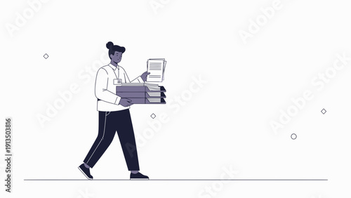 Illustration of a person carrying a stack of documents, modern flat design