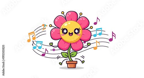Whimsical pink flower character happily dancing to the rhythm of floating music notes, emanating pure joy and a vibrant, cheerful melody in a charming cartoon illustration