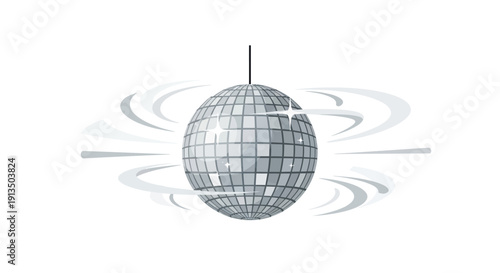 Gleaming disco ball illustration with dynamic swirling lines, symbolizing vibrant party energy, retro music, and an exciting dance floor atmosphere