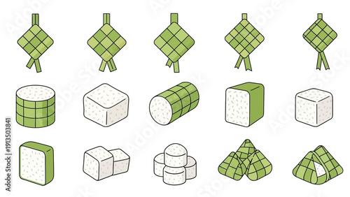 Traditional Ketupat Rice Cakes and Various Geometric Shapes Illustrated Collection
