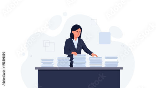 Businesswoman sorting through stacks of documents and papers at her desk.