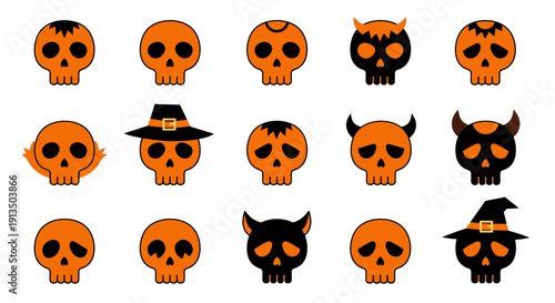 Collection of Halloween-themed skull icons with various spooky and festive expressions, perfect for digital design and decoration