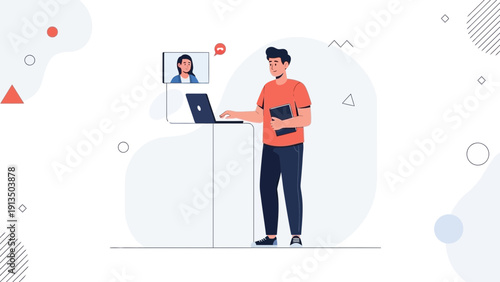 Young man in video call with female colleague, remote work, online meeting, communication concept