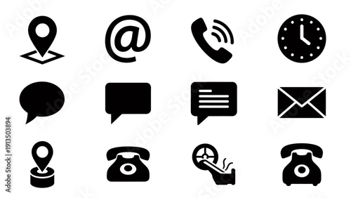 Set of black communication and contact icons including phone, mail, map pin and chat bubbles.