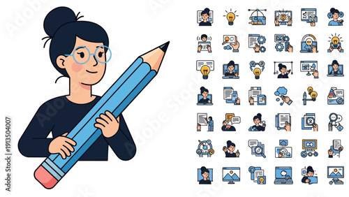 Illustration of a woman holding a giant pencil with multiple tiny character icons in the background.