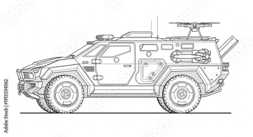 Armored Military Vehicle Sketch Drawing Illustration.