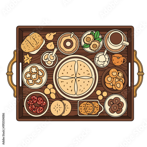 A cartoon wooden tray filled with various breakfast treats