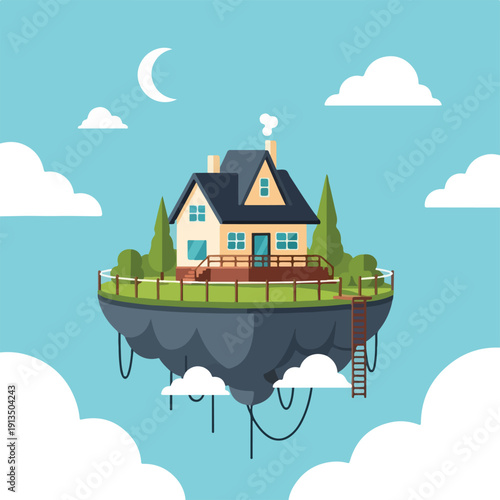 A cartoonish floating island with a house, surrounded by clouds and sky