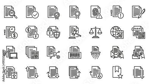 Collection of Document Icons Representing Various Business and Legal Concepts.