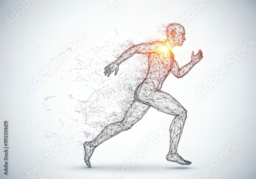 Abstract polygonal running man with glowing energy, representing speed and athletic performance.