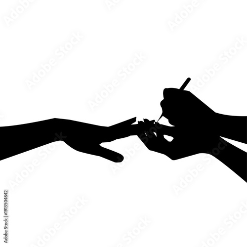 Black silhouette illustration of manicure session. Beautician applying nail polish on customer fingernails. Minimalist vector design isolated on white background for beauty and salon concept