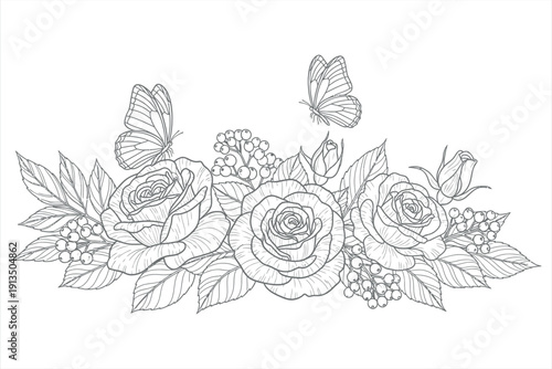 Elegant Rose and Butterfly Floral Outline