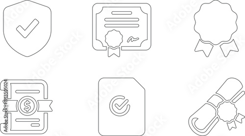 Vector outline icons depicting security shield with checkmark, certificate, diploma, and award badge, isolated on transparent background for UI design.