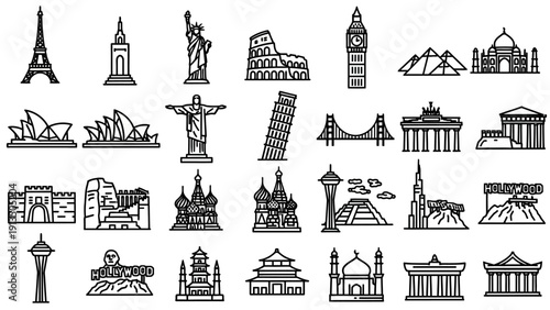 Collection of Famous World Landmarks and Architecture Icons.