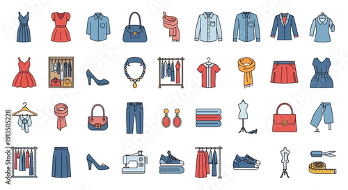 Collection of Fashion Clothing and Accessories Icons.