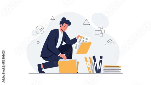 Businesswoman organizing documents in folders, administrative work, office concept