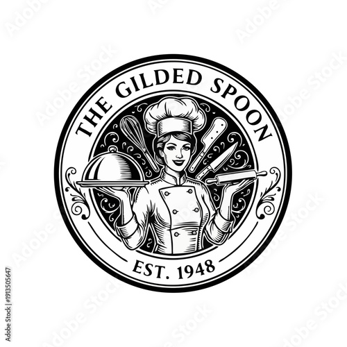 Chef logo emblem featuring cooking utensils and attire, symbolizing culinary expertise and heritage since 1948, presented in a circular design