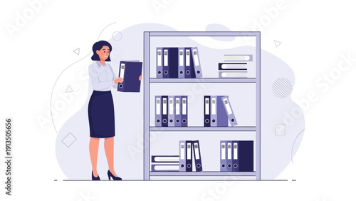 Businesswoman Organizing Files in Office Shelving Unit