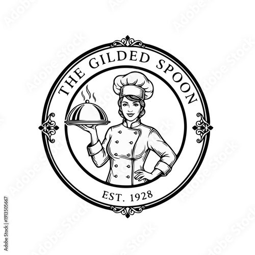 Chef in uniform holding a serving dish with a lid, standing within an ornate circular frame with text 'The Gilded Spoon EST. 1928'
