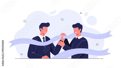 Businessmen crossing finish line, congratulating each other, success, teamwork concept