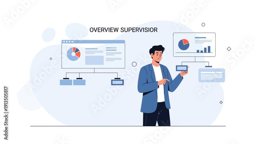 Business overview supervision with charts and analytics illustration