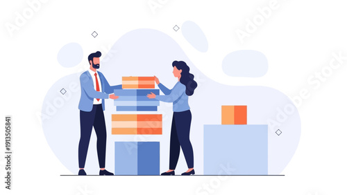 Teamwork stacking boxes, business collaboration, logistics and delivery concept illustration