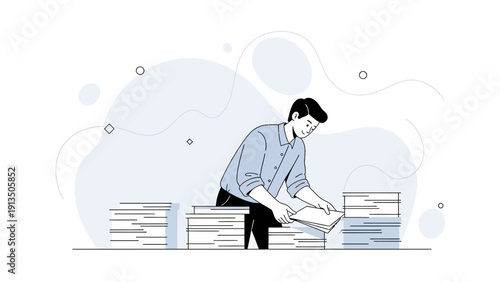 Man Organizing Stacks of Paperwork - Business Workflow Illustration