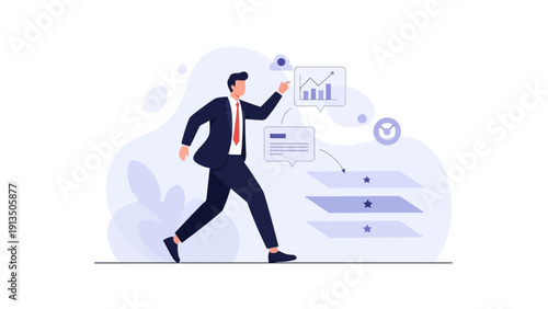 Businessman running towards success, charts, growth, business strategy, reaching goals