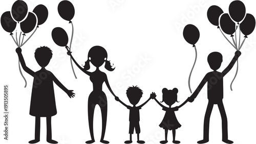 Happy family celebrating together with colorful balloons