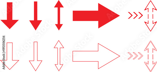 Red and outline arrow showing downward, vertical, and horizontal direction
