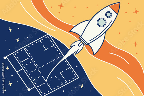 Rocket Launching from Blueprint in Cosmic Setting Symbolizing Start up Innovation