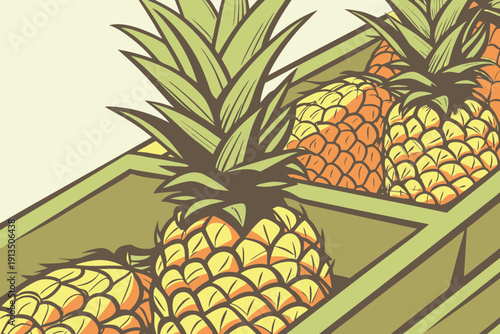 Fresh Pineapples in Rustic Wooden Crates Showcasing Tropical Summer Harvest