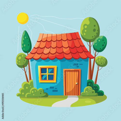 A cartoon-style illustration of a house surrounded by trees and a sun