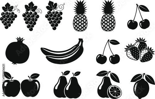 Black and white fruit silhouette vector collection featuring grape bunches pineapple cherries pomegranate banana strawberry apple pear and lemon isolated on white background icons