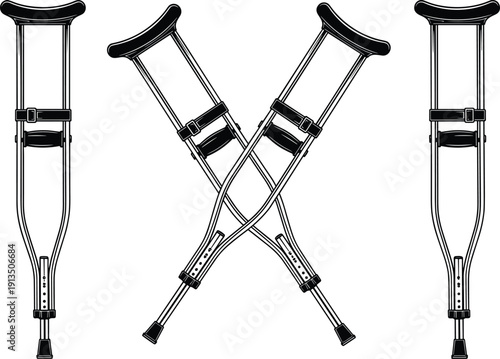 Black and white vector illustration of medical underarm crutches in standing and crossed positions, isolated equipment for injury recovery, disability support, and orthopedic rehabilitation.