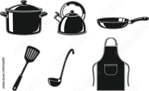 Black kitchen utensil and cookware silhouette set including pot, kettle, frying pan, spatula, ladle and apron isolated on white background vector illustration
