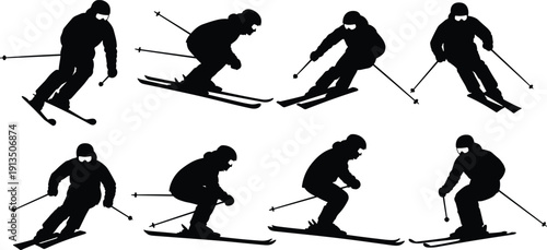 Black Silhouette Set of Alpine Downhill Professional Skiers in Various Action Poses and Dynamic Movements Isolated on White Background for Winter Sports Design