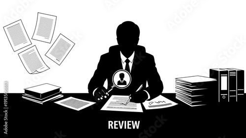 Business person reviewing documents at desk with stacked papers and books