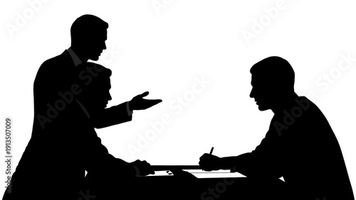 Business meeting illustration silhouette of three people discussing a deal