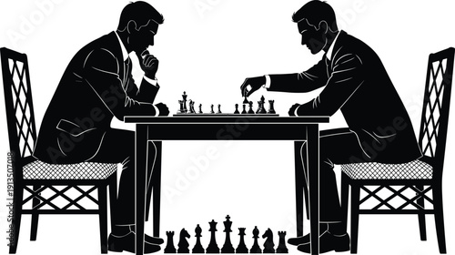 Businessmen playing chess silhouette illustration with two men at table strategic board game competition isolated black and white vector concept