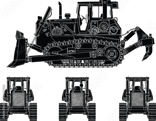 Bulldozer and crawler tractor silhouette vector set with front and side views isolated on white background for construction and heavy equipment design