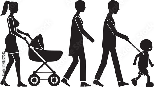 Family walking together with baby stroller and child