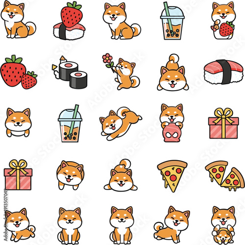 Cute Corgi Dog Cartoon Character Set with Food, Sushi, Pizza, Strawberry and Gift Box Vector Illustration Collection
