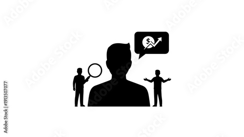 Illustration of a person being assessed by two smaller figures with a speech bubble showing progress