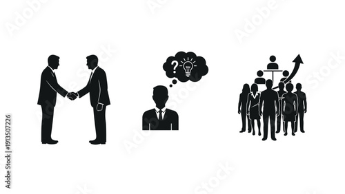 Business collaboration icons handshake, idea, and team growth with upward graph