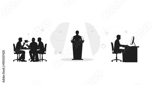 Business meeting, presentation and desk work silhouettes in a minimalist graphic
