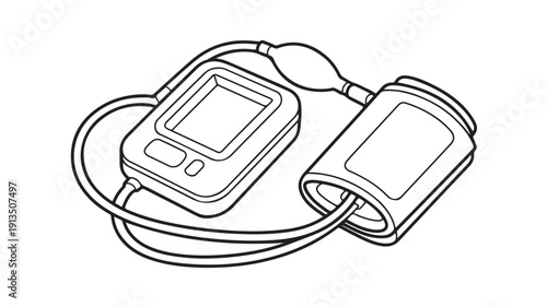 Blood Pressure Monitor Device in Simple Line Art Style with Black Outline on White Background for Medical Illustration
